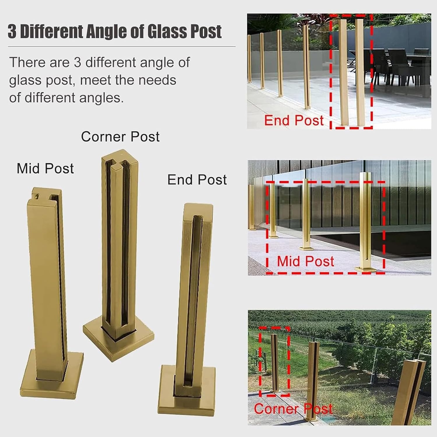 Hallway Stairs Glass Railing Post Stainless Steel Gold, Fence Balcony Glass Floor Clamp for Glass, Wood Board, PVC Acrylic Board, Fence Balustrade Clear View Panels Post(Gold-Mid Post,70cm/27.5in)