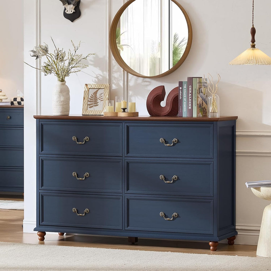 Joaxswe Farmhouse 6 Drawers Dresser for Bedroom, Vintage 54' Wide Chest of Drawers w/ 4 Wooden Legs, Rustic Large Closet Storage Dressers Organizer for Hallway, Wood TV Stand for Living Room, Blue