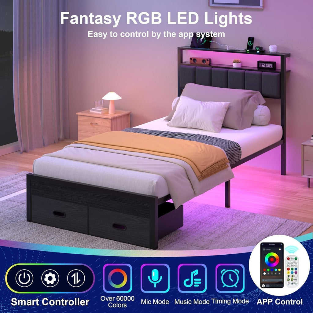 Twin Bed Frames with Storage Drawer, Platform Bed with Charging Station and LED Lights, Upholstered Headboard with 2-Tier Storage Shelves, No Box Spring Needed