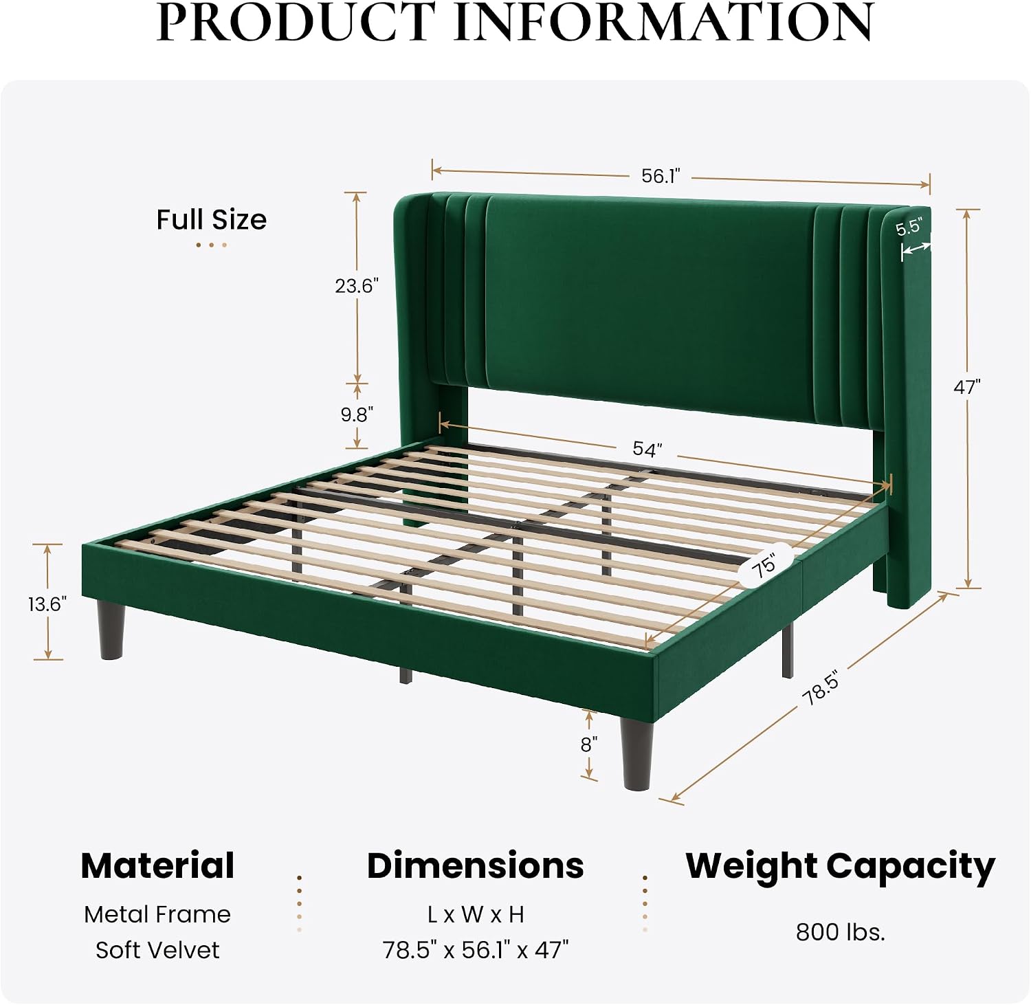 SHA CERLIN Full Size Velvet Upholstered Platform Bed Frame with Vertical Channel Tufted Wingback Headboard, Wooden Slats Support, Easy Assembly, Under Bed Storage, No Box Spring Required, Green