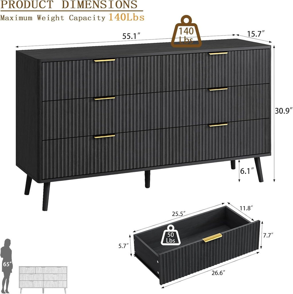 CARPETNAL Fluted 6 Drawer Dresser for Bedroom, 55' Wide Wooden Chest of Drawers with Rounded Corners, Gold Handles, Modern Storage Organizer for Bedroom, Hallway(Black)