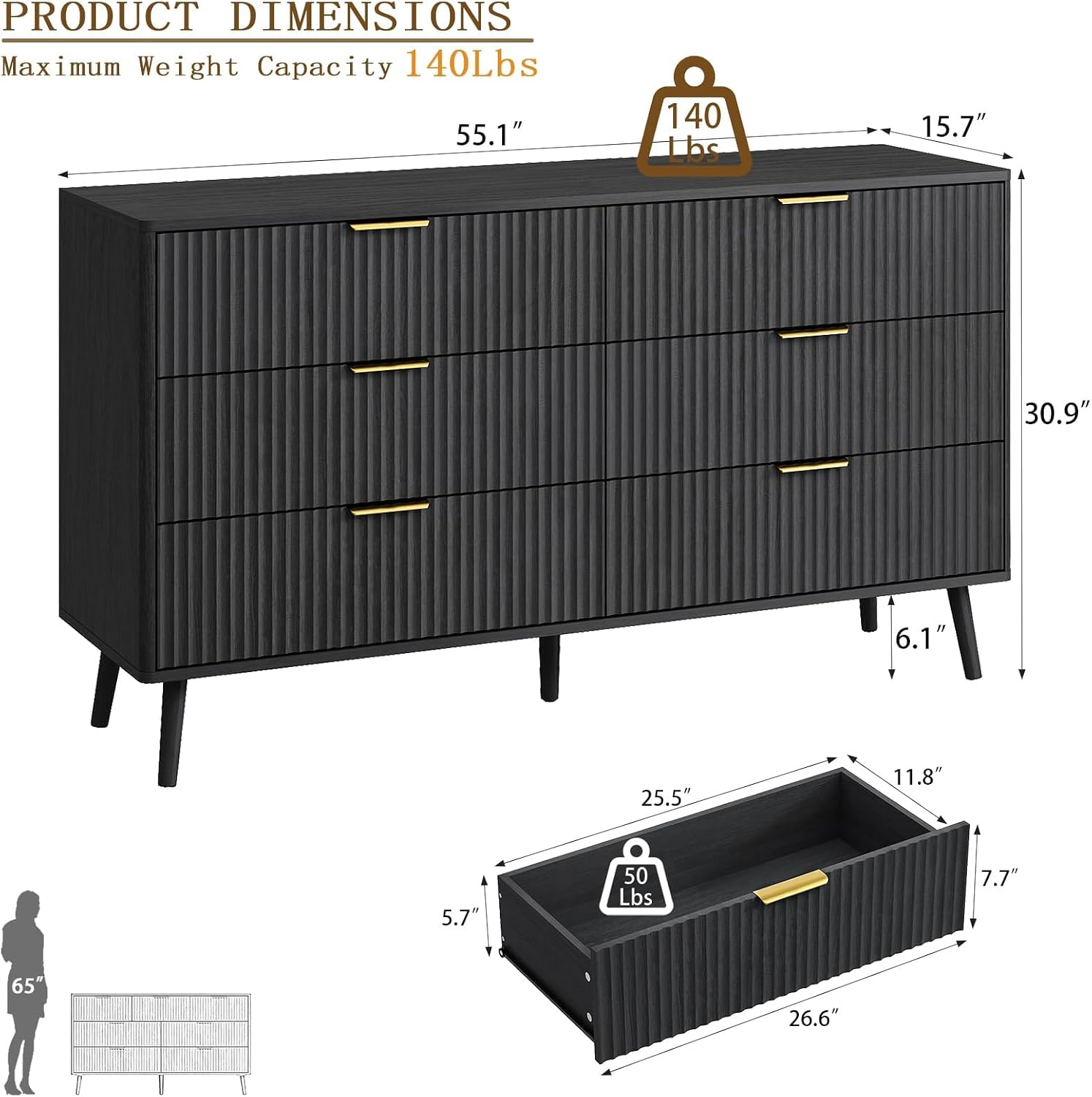 CARPETNAL Fluted 6 Drawer Dresser for Bedroom, 55' Wide Wooden Chest of Drawers with Rounded Corners, Gold Handles, Modern Storage Organizer for Bedroom, Hallway(Black)