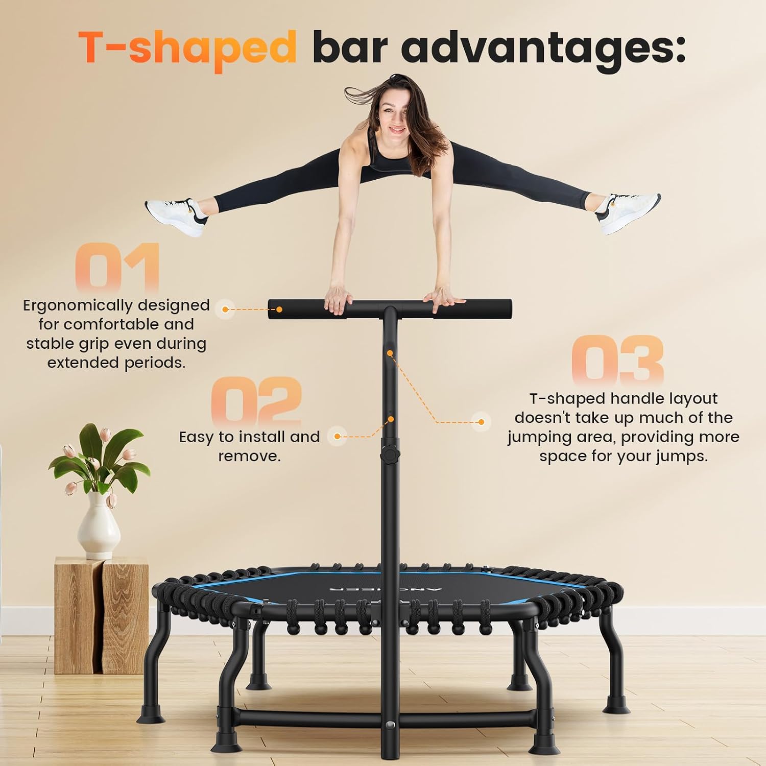 ANCHEER 50' Rebounder Trampoline for Adults- 2026 Foldable Mini Trampoline with Bar- Exercise Trampoline for Adults, Max Load 560lbs, for Indoor/Garden Workout