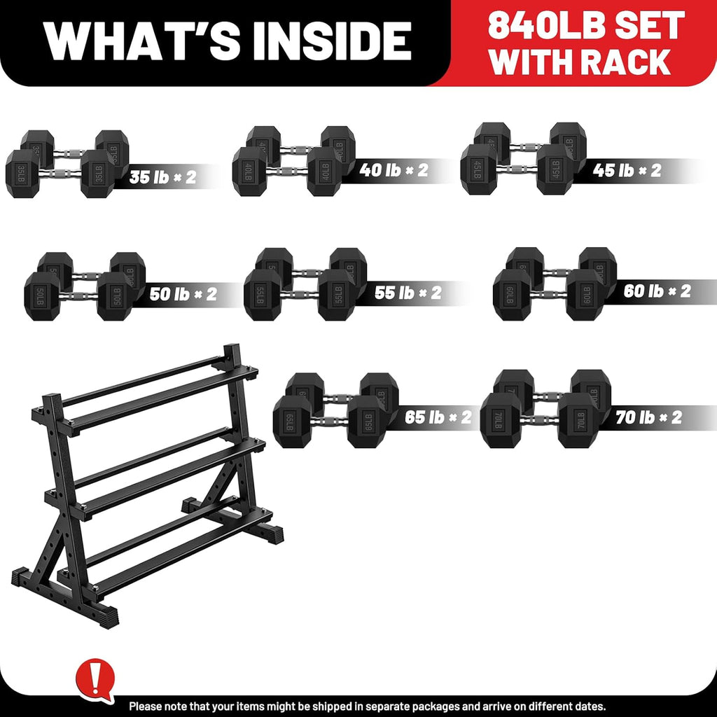 PAPABABE Hex Dumbbell Set with Rack, Rubber Encased Free Weight with Weight Storage Racks, Multiple Weight Options for Home Gym and Fitness