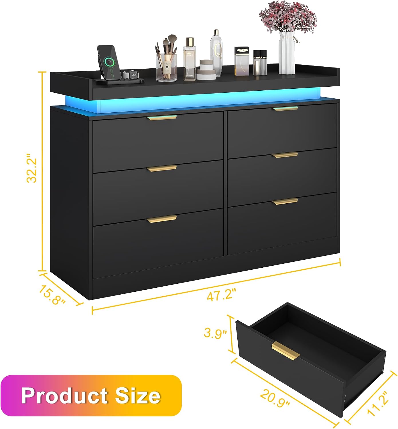 6 Drawer Dresser for Bedroom, Black Dresser with LED Lights and Power Outlet, Modern Chest of Drawers for Closet, Double Wide Drawer Organizer Cabinet for Bedroom, Living Room, Entryway, Hallway