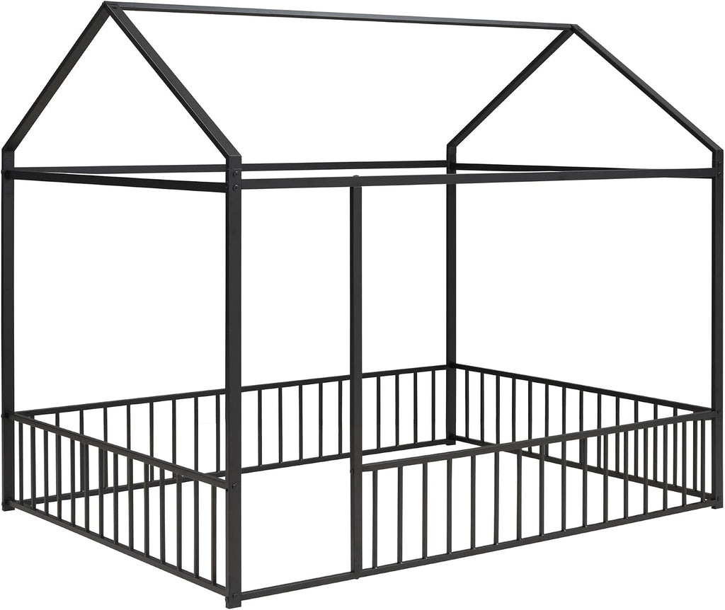 Bellemave Full Size House Floor Bed with Rails and roof, Metal House Bed for Kids, Montessori Floor Beds for Kids, Black