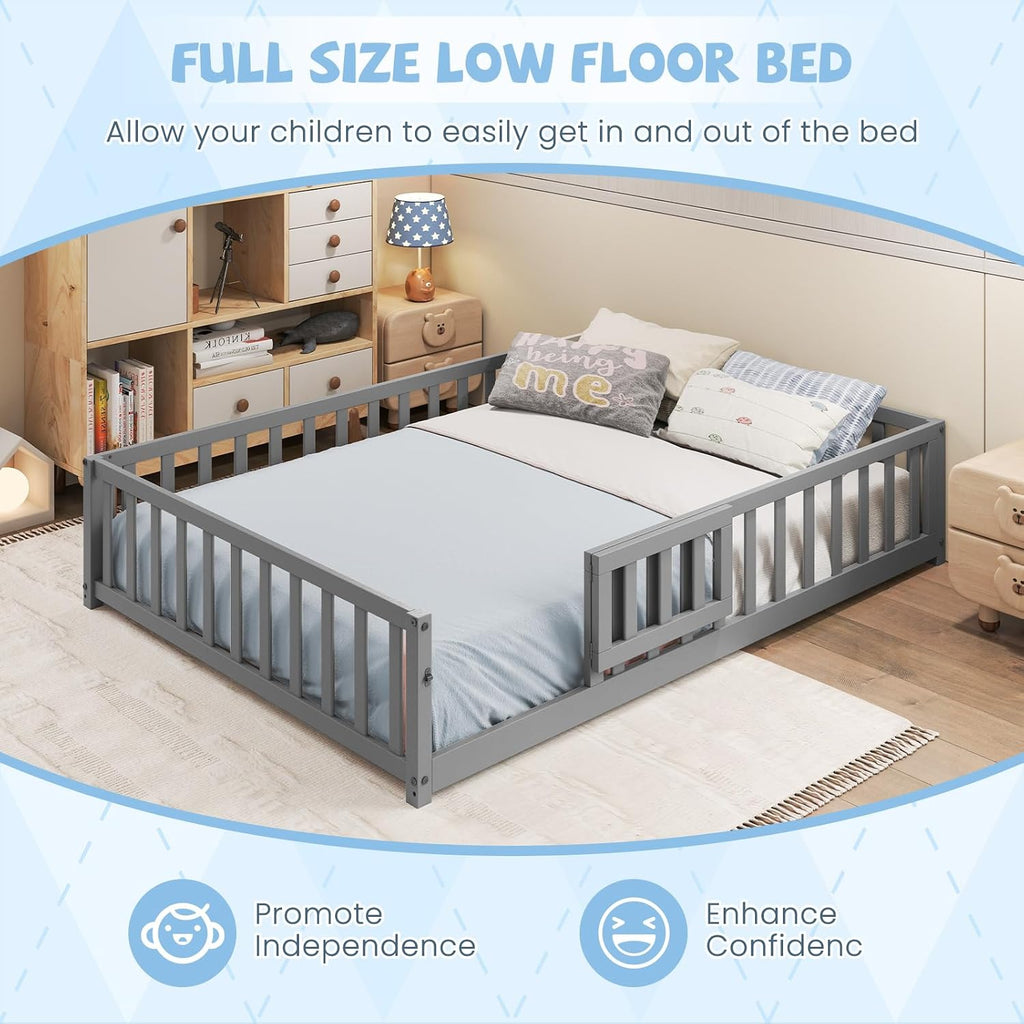 Giantex Full Size Floor Bed for Kids, Low Montessori Bed with Wood Slats & Safety Guardrails, Solid Wood Full Floor Beds with Fence and Door for Kids Boys Girls, Grey