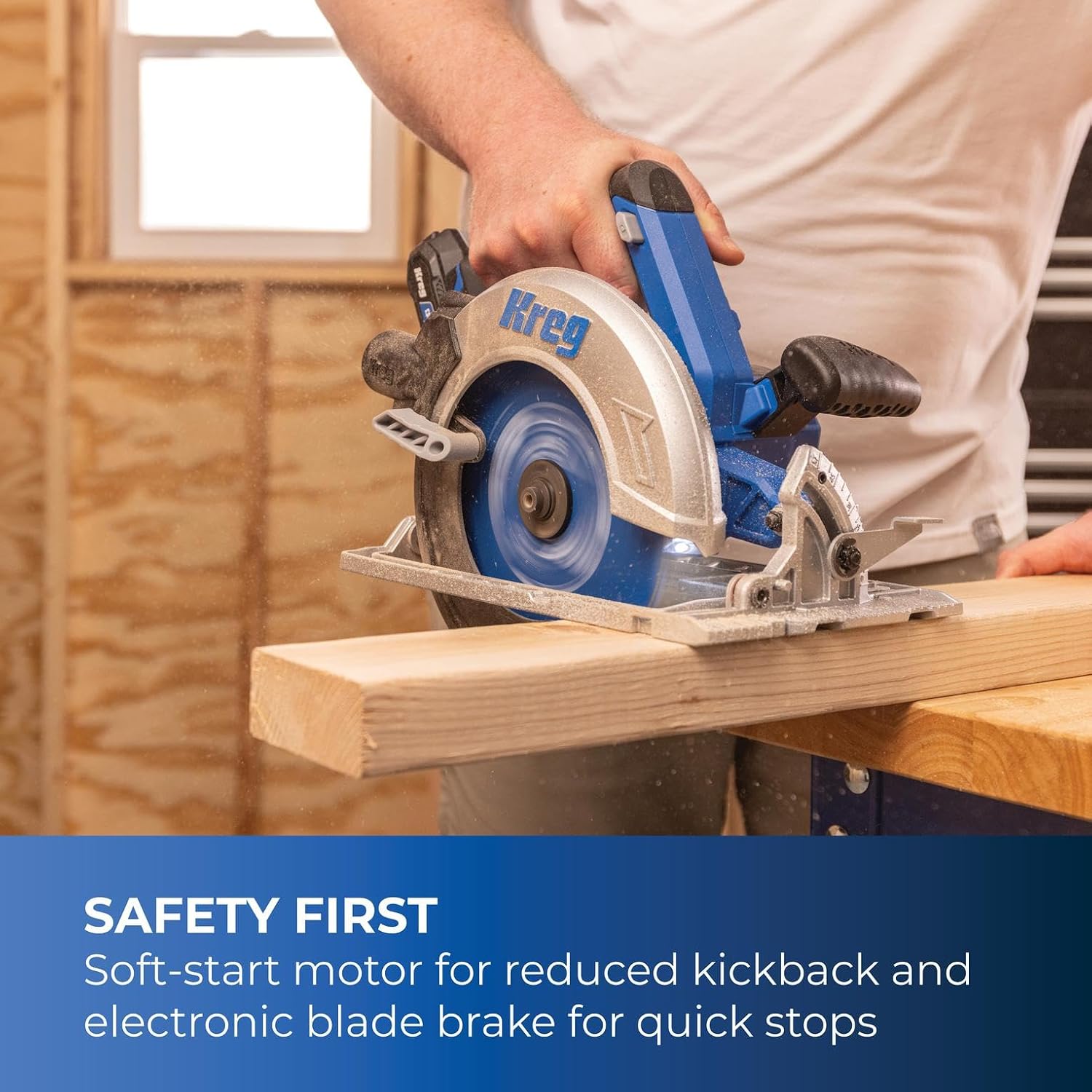 Kreg 20V Ionic Drive 7 1/4' Circular Saw, 20V Blue Ion Charger & Blue Ion 4Ah Battery Pack - Powerful Brushless Motor & Built-In Safety Features - LED for Cutline Visibility - KPTBCS725A