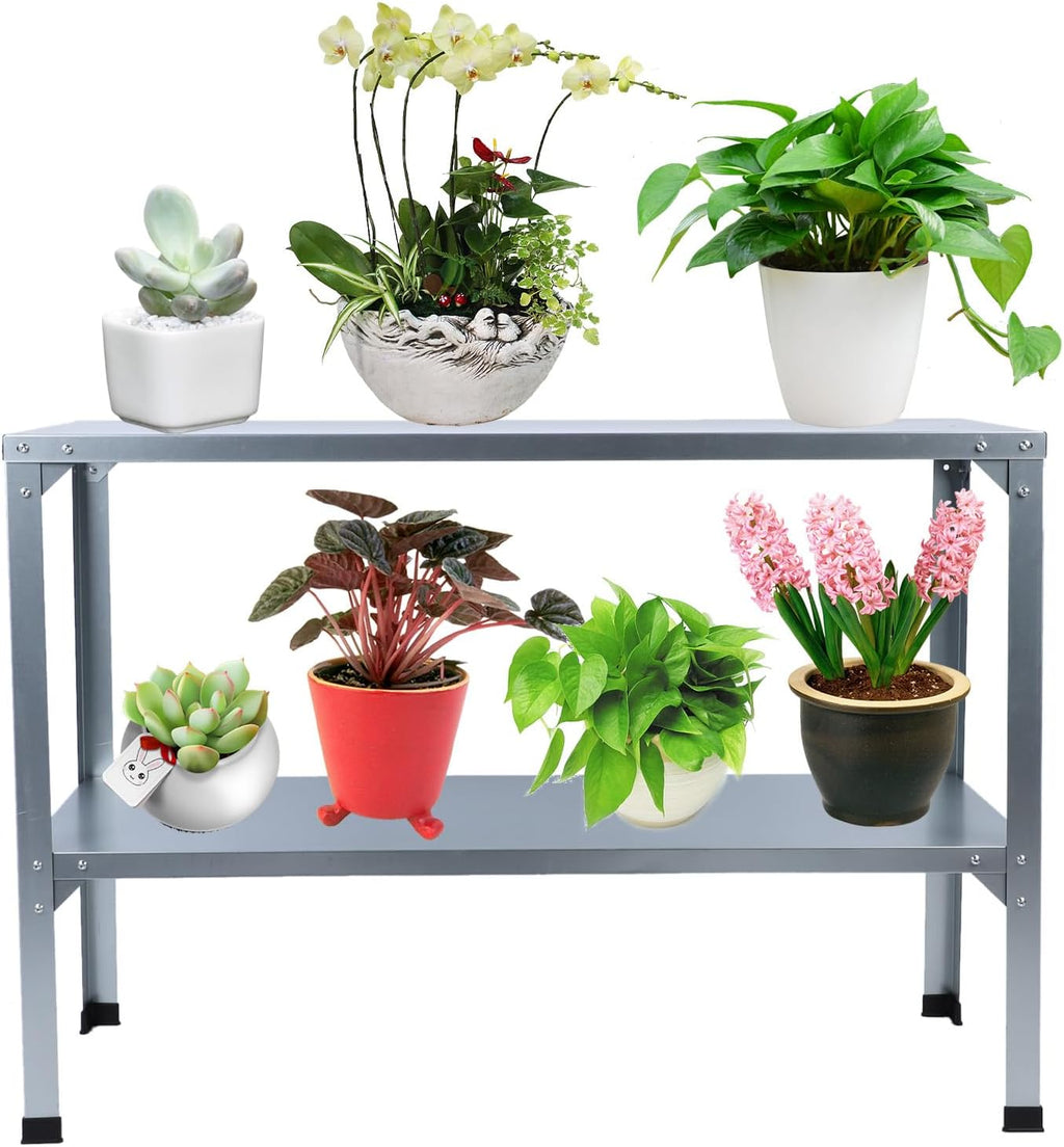 Galvanized Iron Potting Bench with High Load Capacity for Garden, Potting Tables, Indoor and Outdoor Use Metal Potting Bench with 120KG Load Bearing Double Layers and Rubber Feet