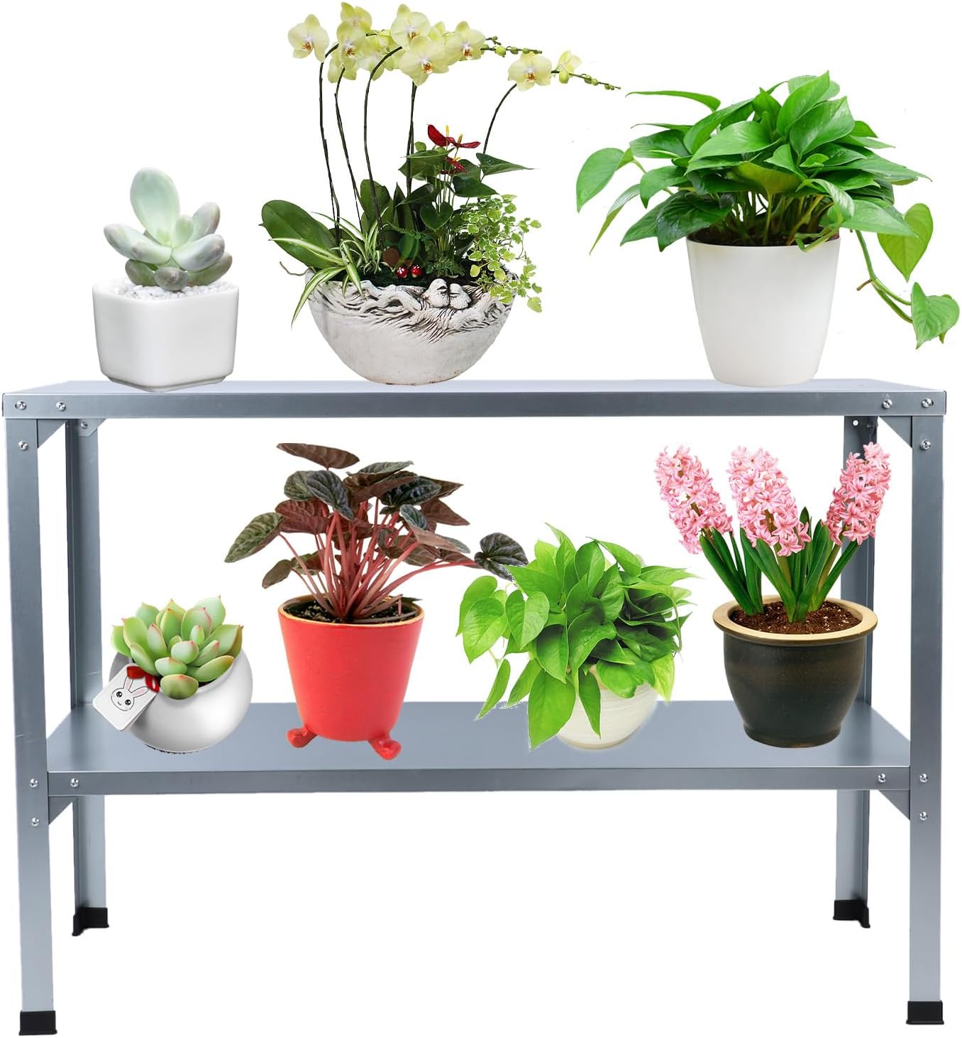 Galvanized Iron Potting Bench with High Load Capacity for Garden, Potting Tables, Indoor and Outdoor Use Metal Potting Bench with 120KG Load Bearing Double Layers and Rubber Feet