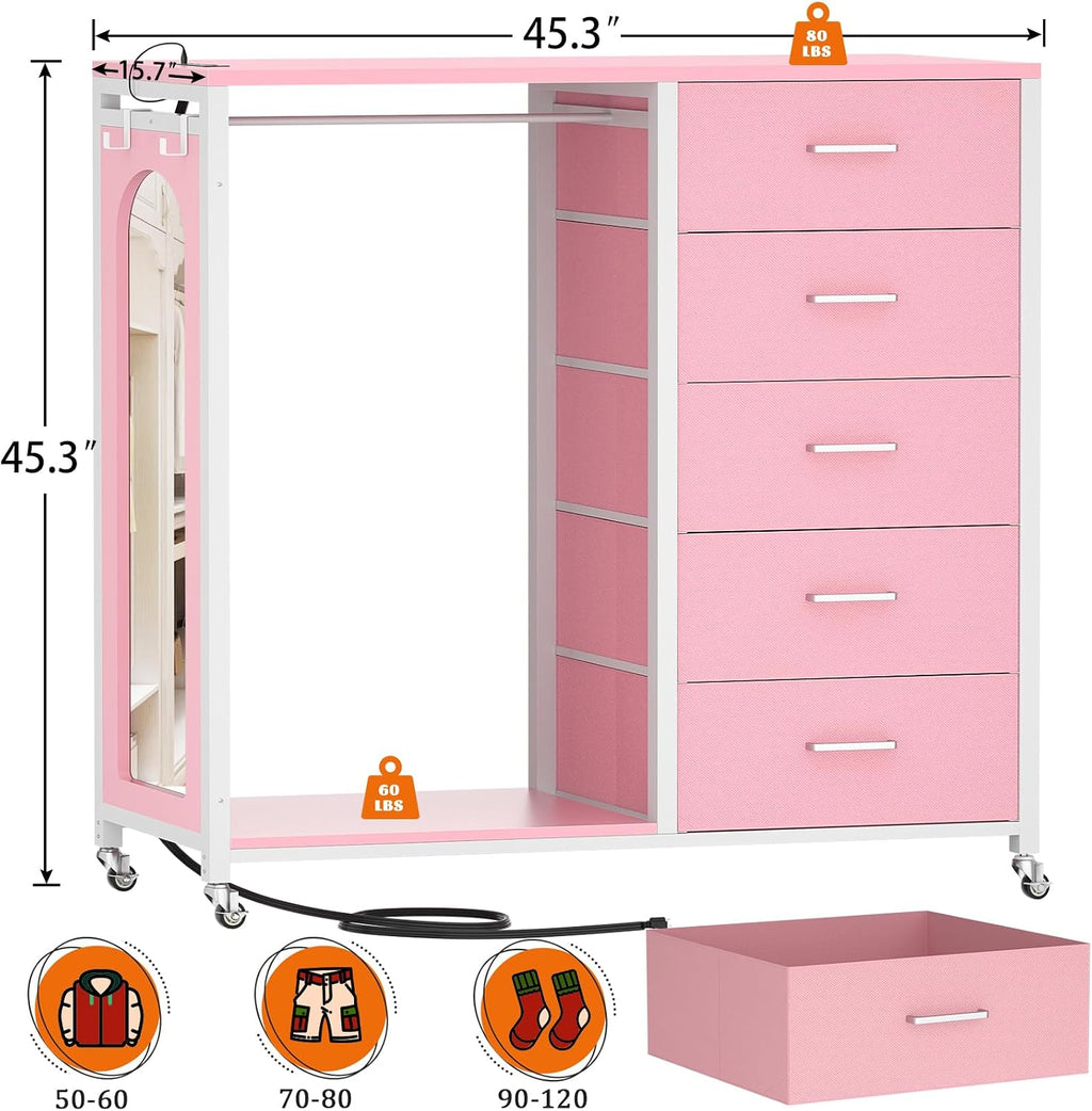 Cyclysio Dresser for Bedroom with Clothes Rack & Mirror, 5 Fabric Drawers Dresser with Charging Station & LED Lights, Rolling Chest of Drawers with Wheels, Full Length Mirror, Wooden Top, Closet