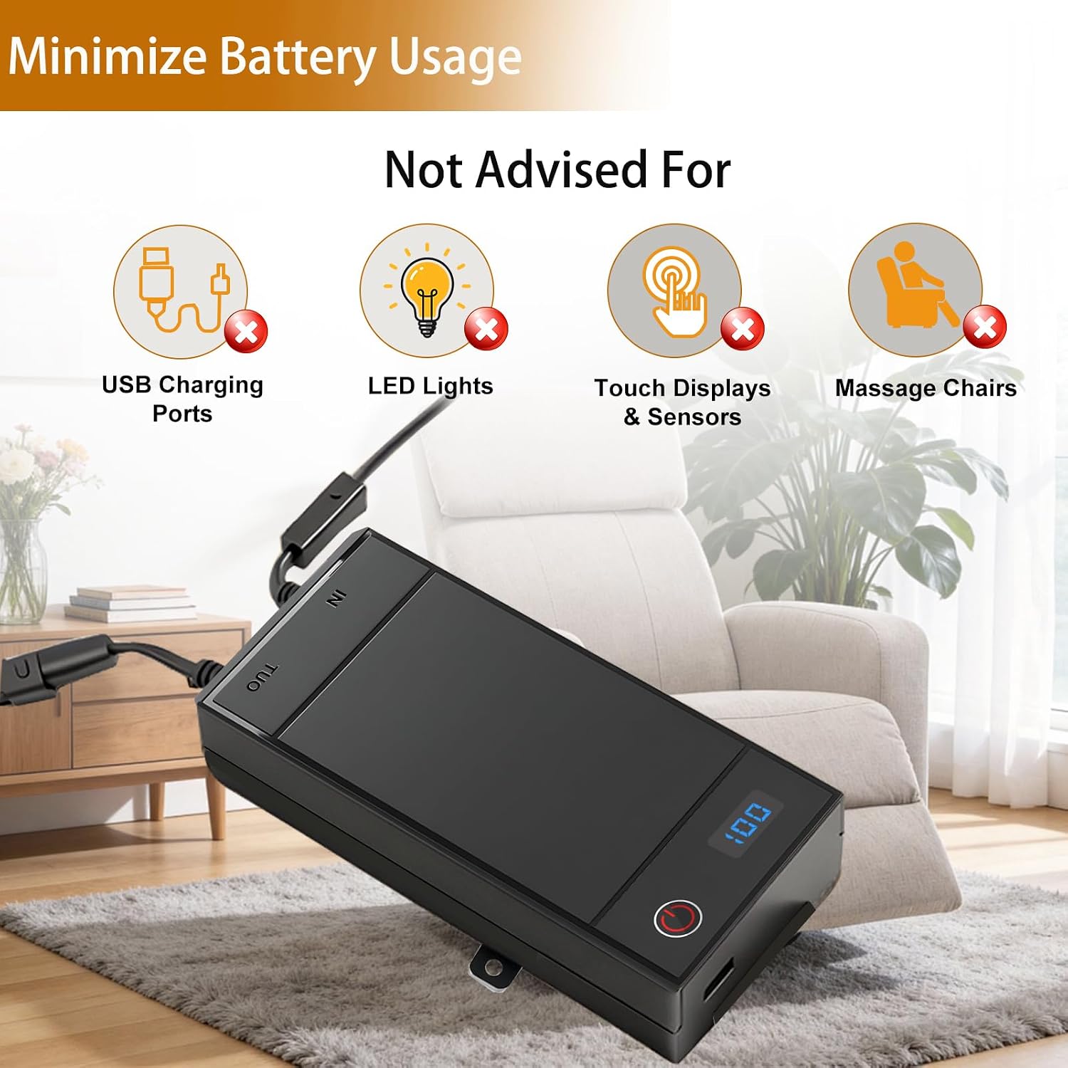 2 Pack Battery Packs for Reclining Furniture - 2500mAh with LCD Display for Electric Recliners, Power Sofas, Lift Chairs and Couch - only Compatible with 2-Pin Connector Motion Furniture