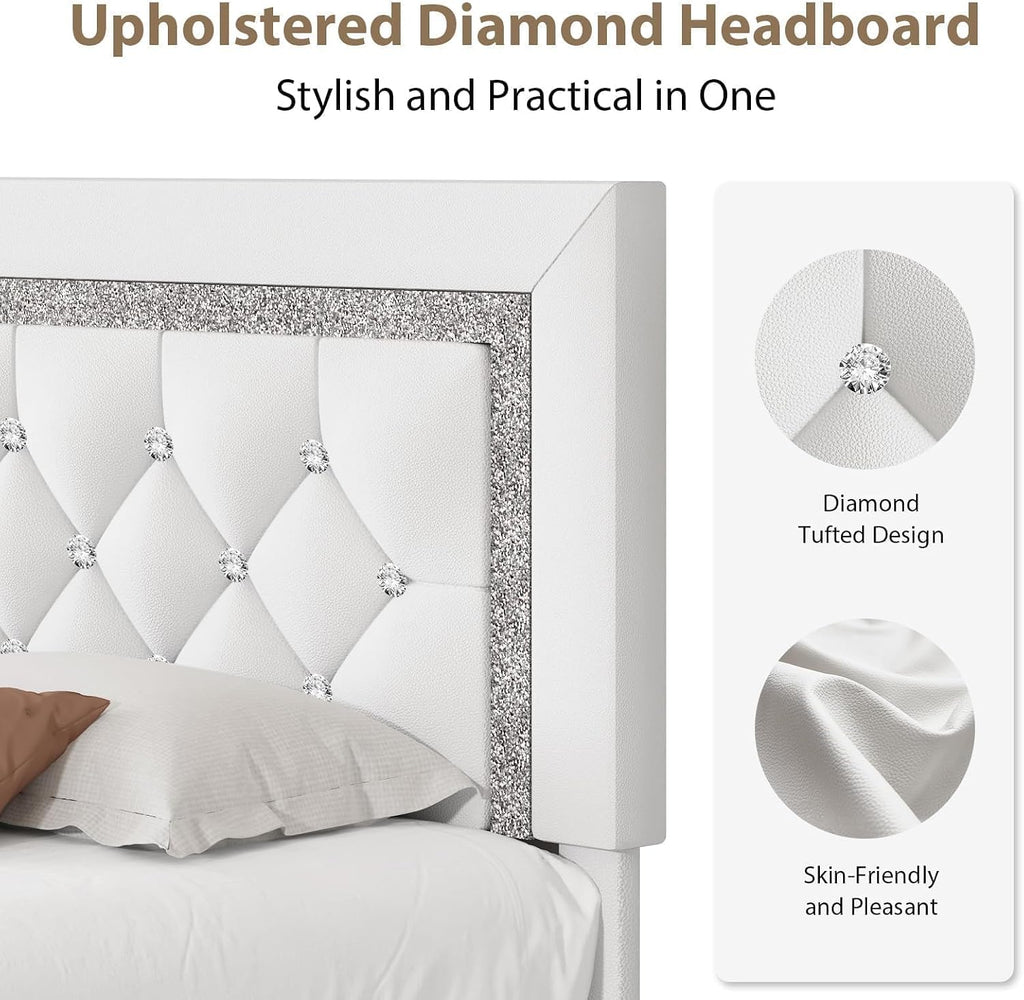 BarnFurin Full Size Bed Frame with Tufted Button Headboard, Upholstered Platform Bed Frame with Diamond Design, Wood Slat Support, No Box Spring Needed, Easy Assembly, White
