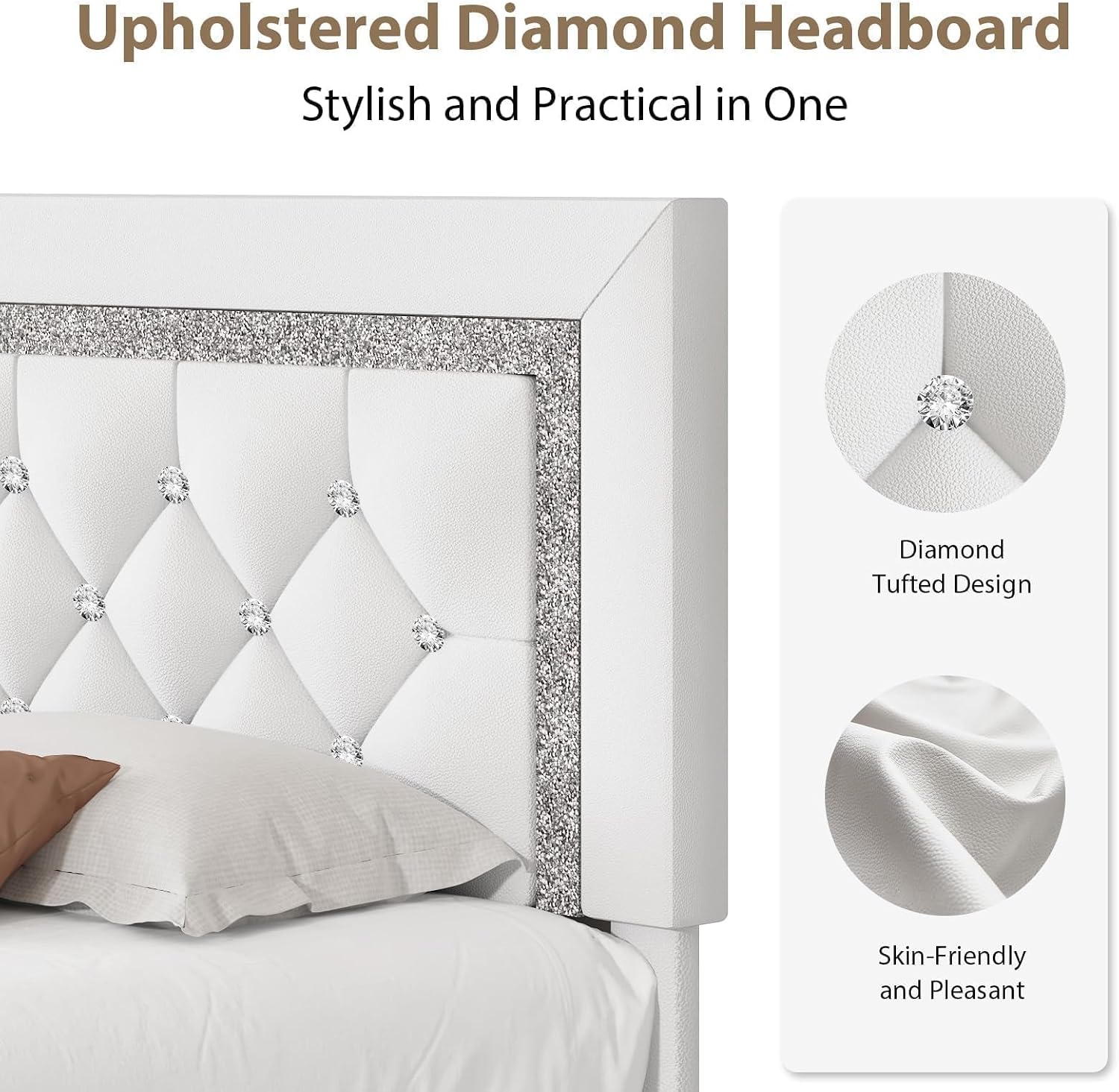 BarnFurin Full Size Bed Frame with Tufted Button Headboard, Upholstered Platform Bed Frame with Diamond Design, Wood Slat Support, No Box Spring Needed, Easy Assembly, White