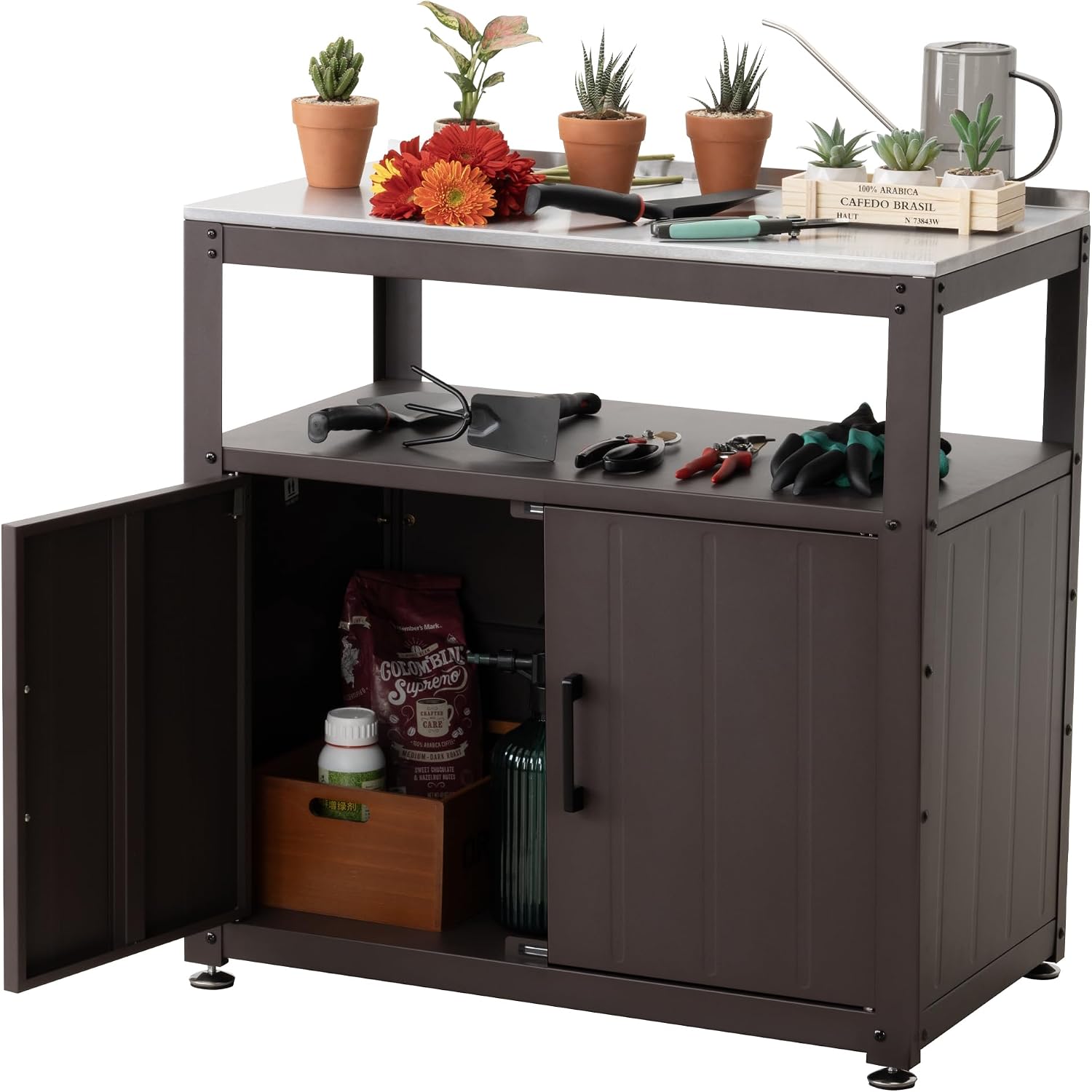 Feasto Heavy-Duty Potting Bench with Storage & Stainless Steel Top | Outdoor Garden Work Table with 200lb Capacity, Adjustable Shelf & Feet, Brown