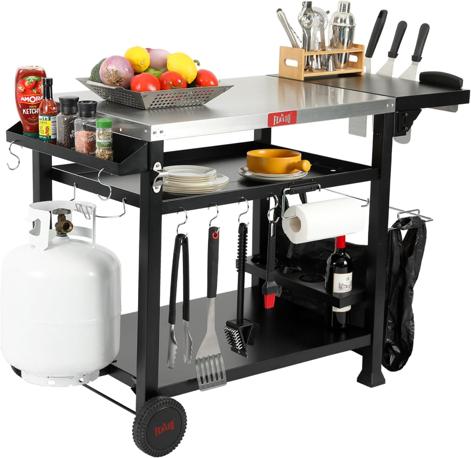 Feasto 40x26 Outdoor Grill Cart, Stainless Steel Tabletop, 3-Shelf Rolling | Pizza Oven Table, Pizza Oven Stand, BBQ Grill with Wheels for Food Prep, Outdoor & Indoor, Dining, Kitchen Cart Table