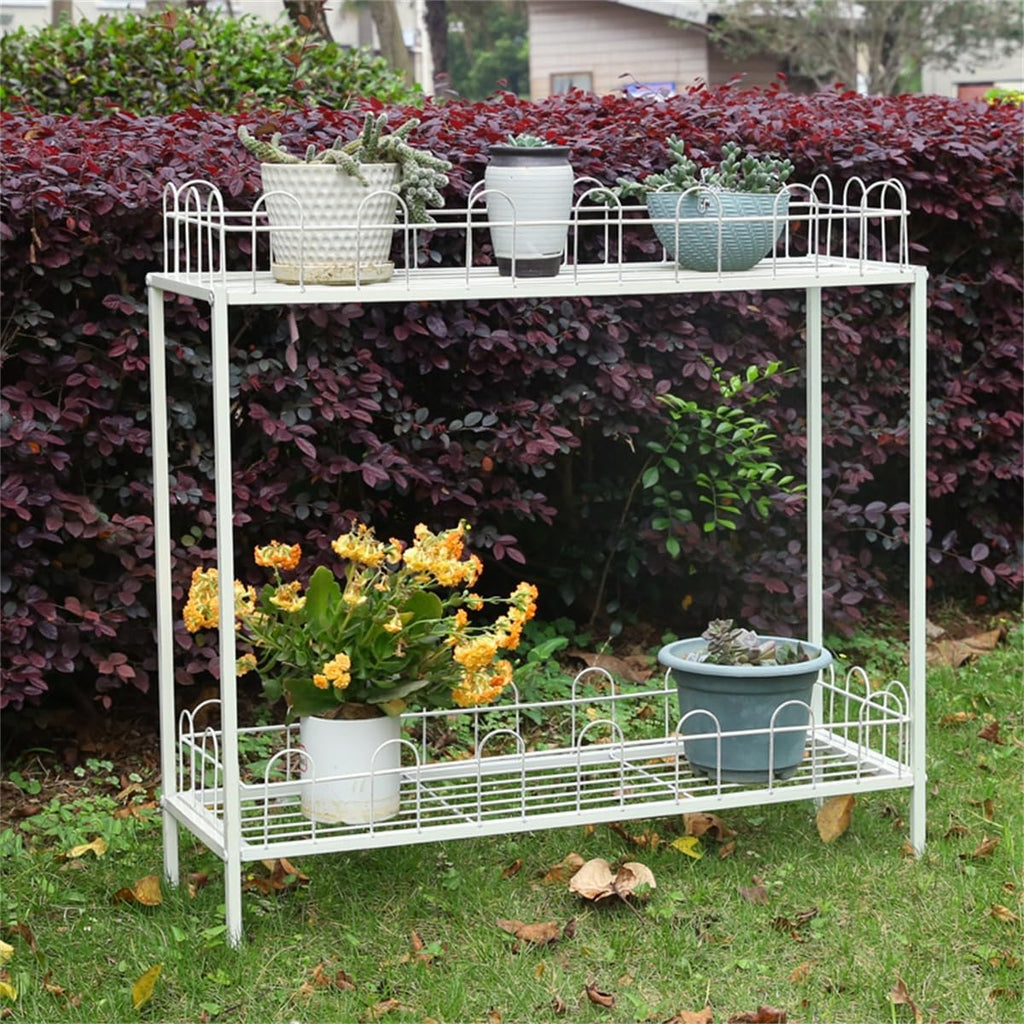 Outdoor Garden Potting Bench Table, 2 Tier Metal Plant Stand with fence,Heavy Duty Metal Shelves,Plant Shelf for Indoor Outdoor,Metal Outdoor Plant Stand Holder Rack,for Balcony and Garden ,White
