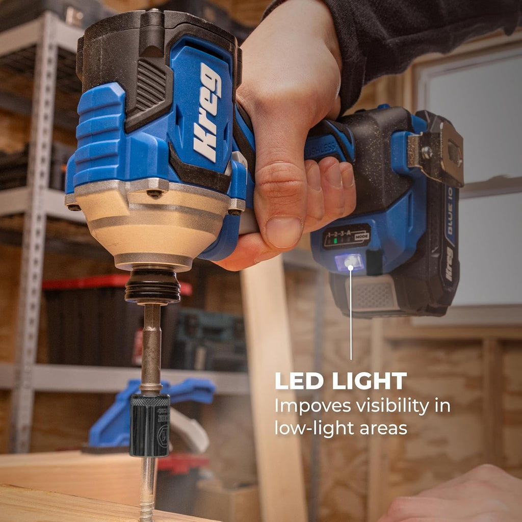 Kreg 20V Ionic Drive 1/4' Compact Impact Driver, 20V Blue Ion Charger & Blue Ion 2Ah Battery Pack - Compact, Cordless Driver with 2,200 in-lbs of Torque - 20V Variable Speed - LED Light - KPTBDV025A