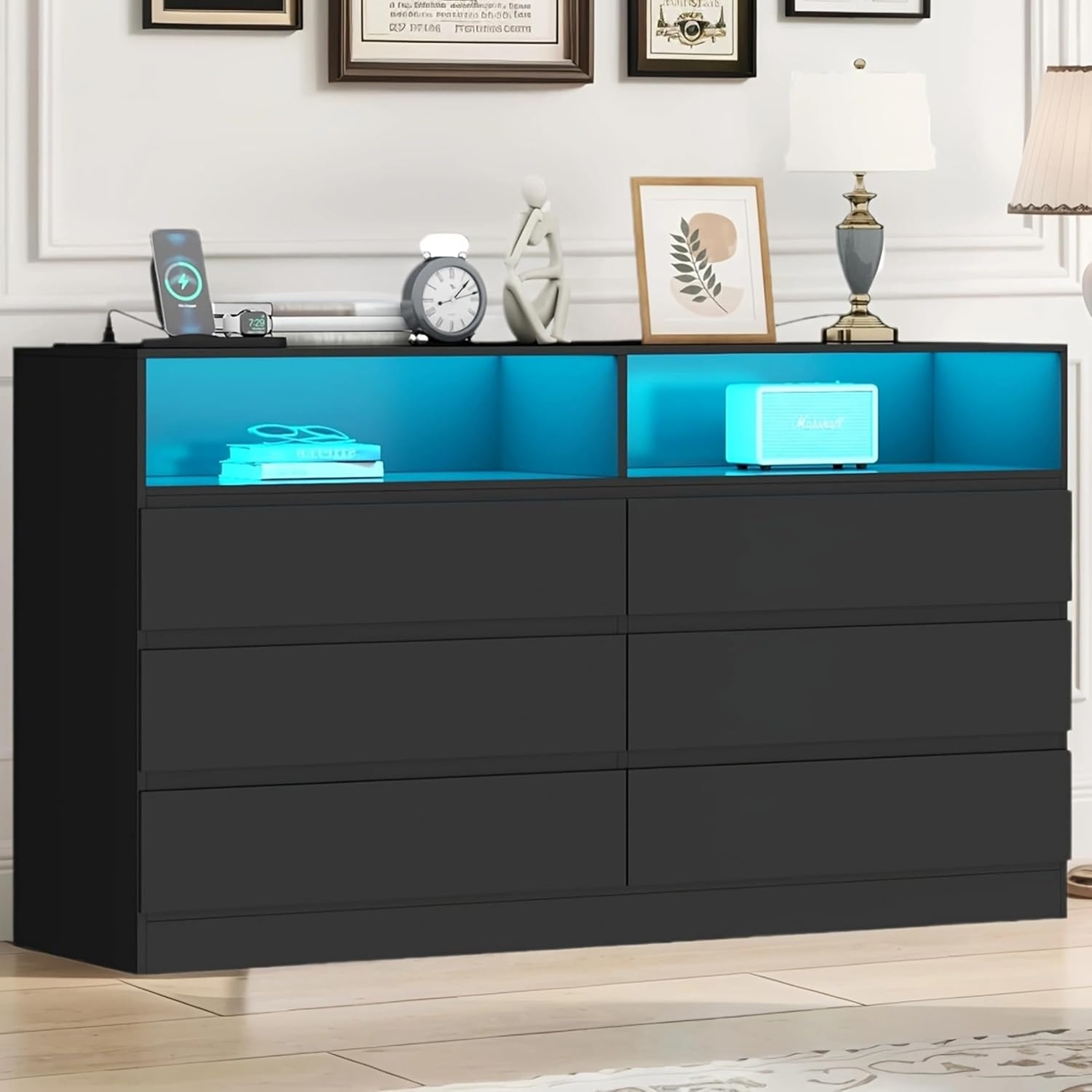 Loomie 6 Drawers Double Dresser with Power Outlet & LED Light, Long Chests of Drawers with Storage Cubby, Wood Wide TV Stand for up to 60' for Bedroom, Hallway, Entryway, Black