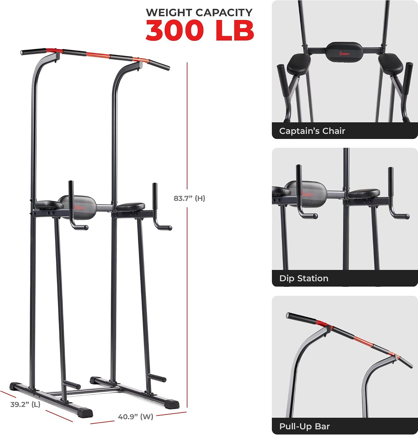 Sunny Health & Fitness Power Tower Dip Station & Pull-Up Bar, Multi-Function Strength Training Equipment with Captain's Chair, Push-Up Bars & Core Workout for Home Gym