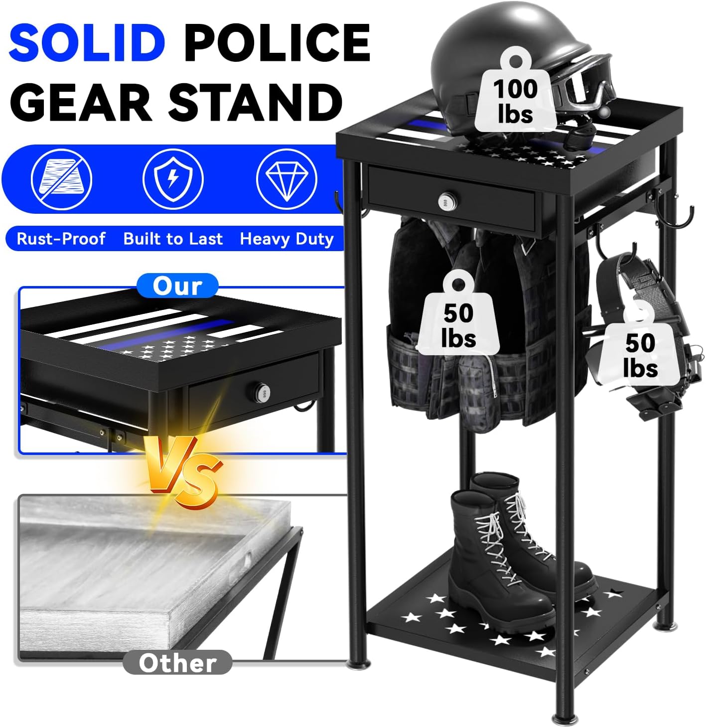 Heavy Duty Police Gear Rack with Drawer, Freestanding Tactical Duty Gear Rack Organizer with Hooks, Black Body Armor Stand for Storing Uniform, Vest Belt Helmet, Police Gift