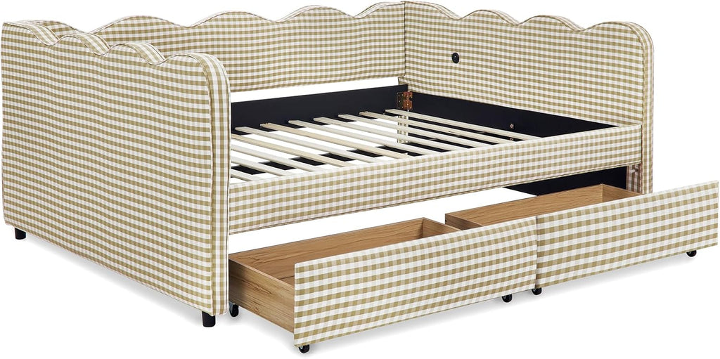 DEINPPA Full Size Upholstered Daybed with 2 Storage Drawers, Gingham Daybed with USB Ports for Bedroom Living Room Guest Room-Brown