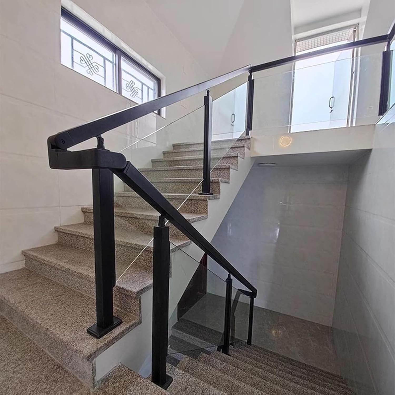 Black Glass Railing Post，for Indoor Outdoor, Heavy Duty Floor Standing Square Balustrade System, Deck Balcony Loft Guardrails，3/8' Or 1/2' Thick Tempered Glass Panels ( Color : Mid Post , Size : Heigh