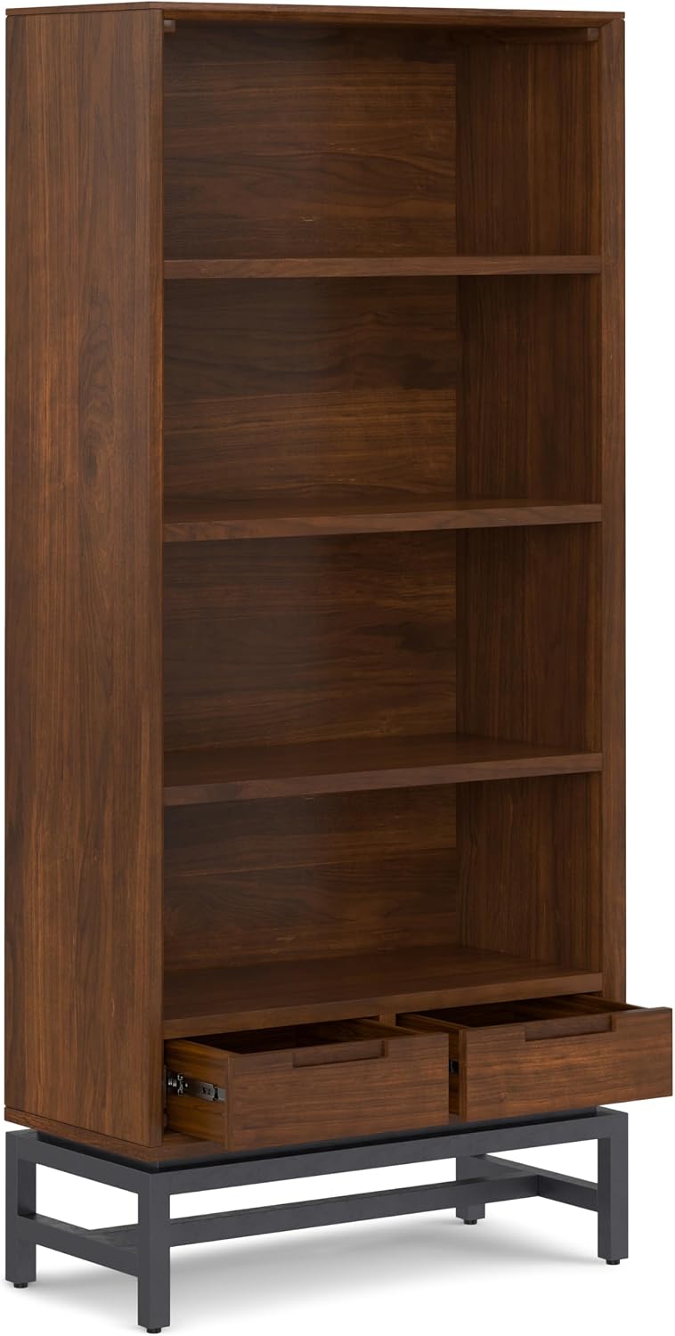 SIMPLIHOME Banting Bookcase - 66 inch Tall Solid Walnut Veneer and Metal Bookshelf, Industrial Storage for Living Room, Study Room or Office with Open Shelves and Metal Frame
