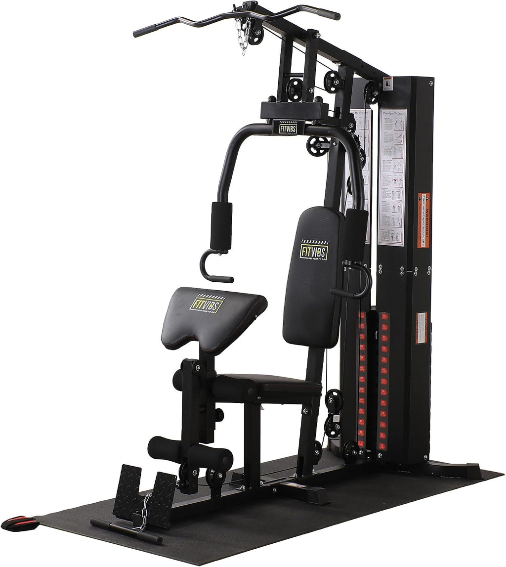 BalanceFrom Multifunctional Steel Frame Home Gym Machine with Floor Mat – Strength Training Workout Station with 160-Pound Weight Stack, Lat Pull & Low Row Bars, 4-Roll Leg Developer & Press