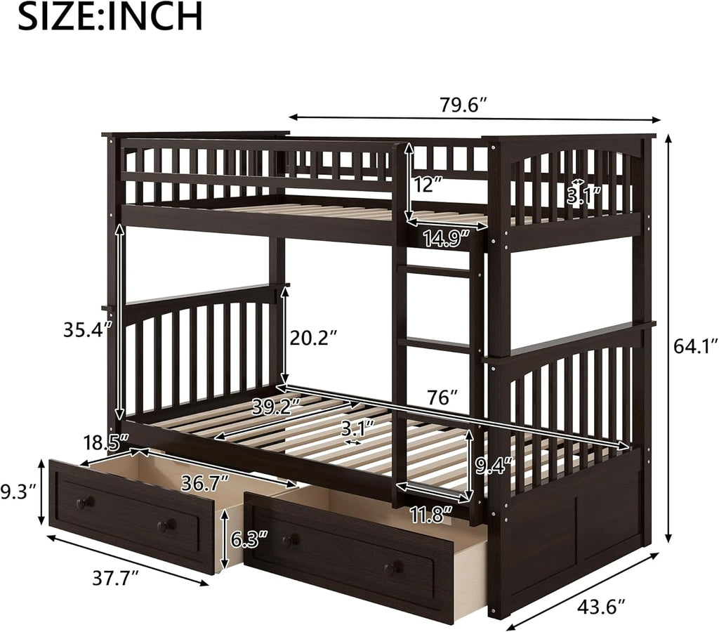 Harper & Bright Convertible Wood Twin-Over-Twin Bunk Bed with Storage Drawers and Ladder - Can Be Divided Into Two Daybeds,Espresso