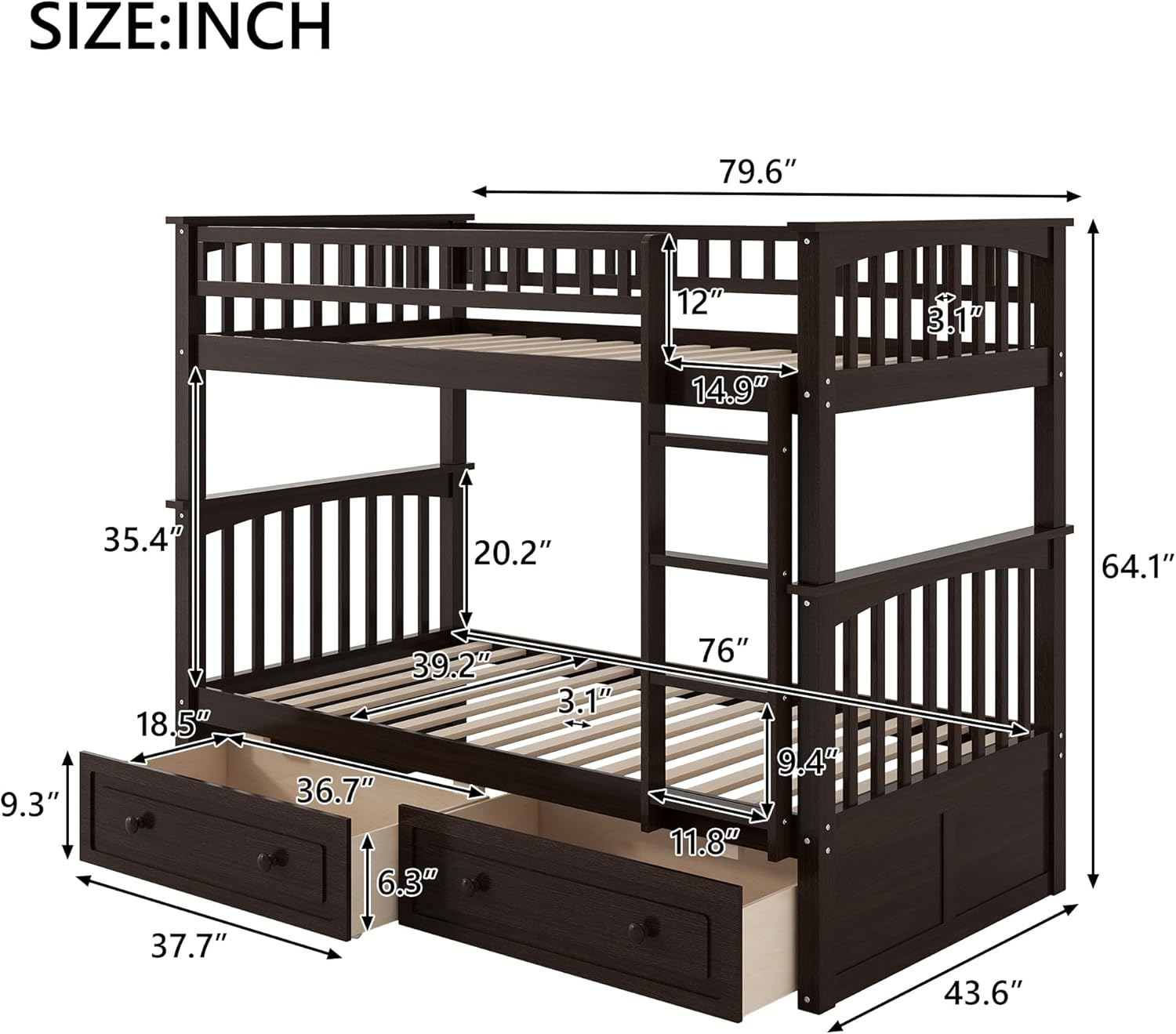 Harper & Bright Convertible Wood Twin-Over-Twin Bunk Bed with Storage Drawers and Ladder - Can Be Divided Into Two Daybeds,Espresso