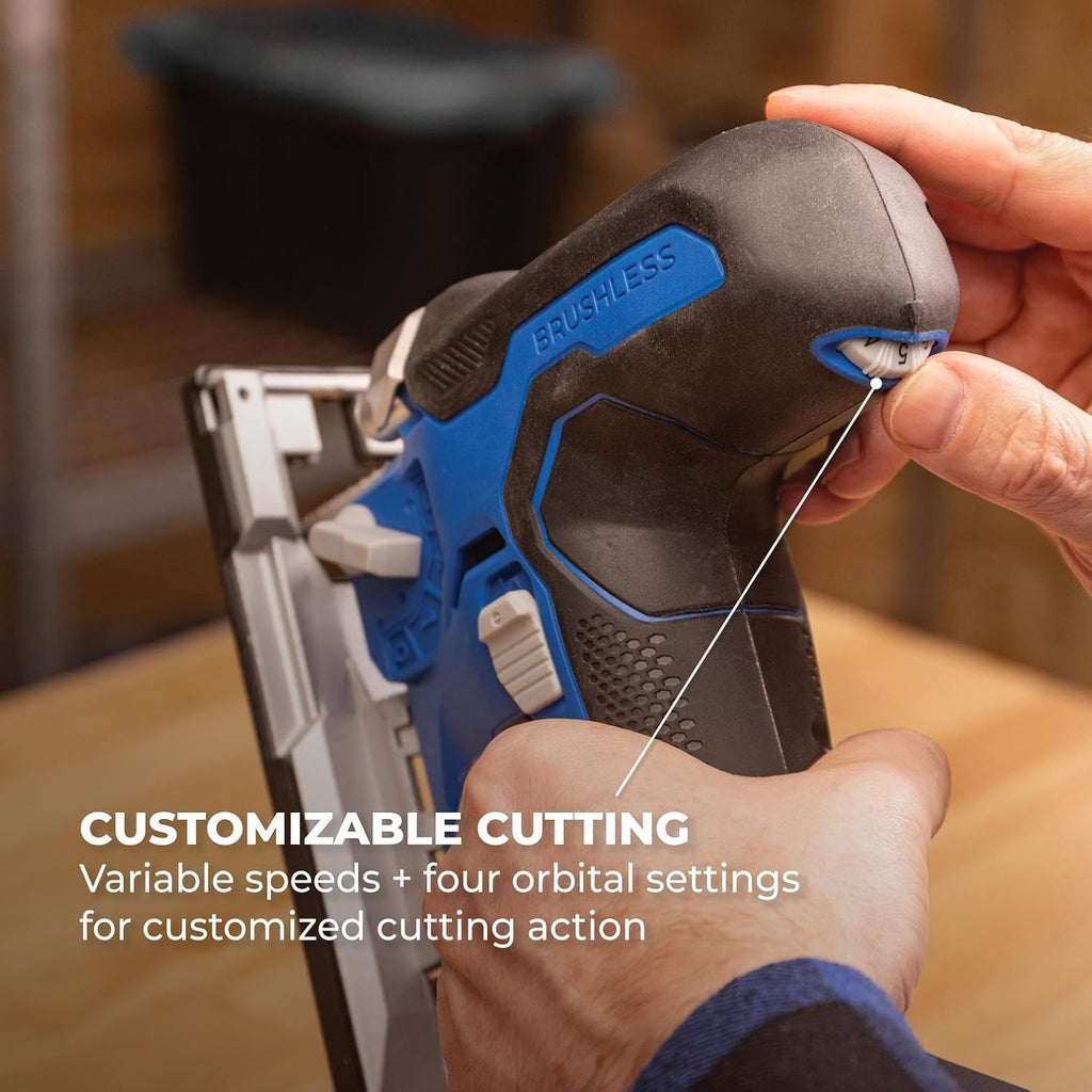 Kreg 20V Ionic Drive Barrel Grip Jigsaw, 20V Blue Ion Charger & Blue Ion 2Ah Battery Pack - Cordless & Compact - Precision Cutting - 20V Variable Speed - LED Lights & Built-In Blower - KPTBJS100A