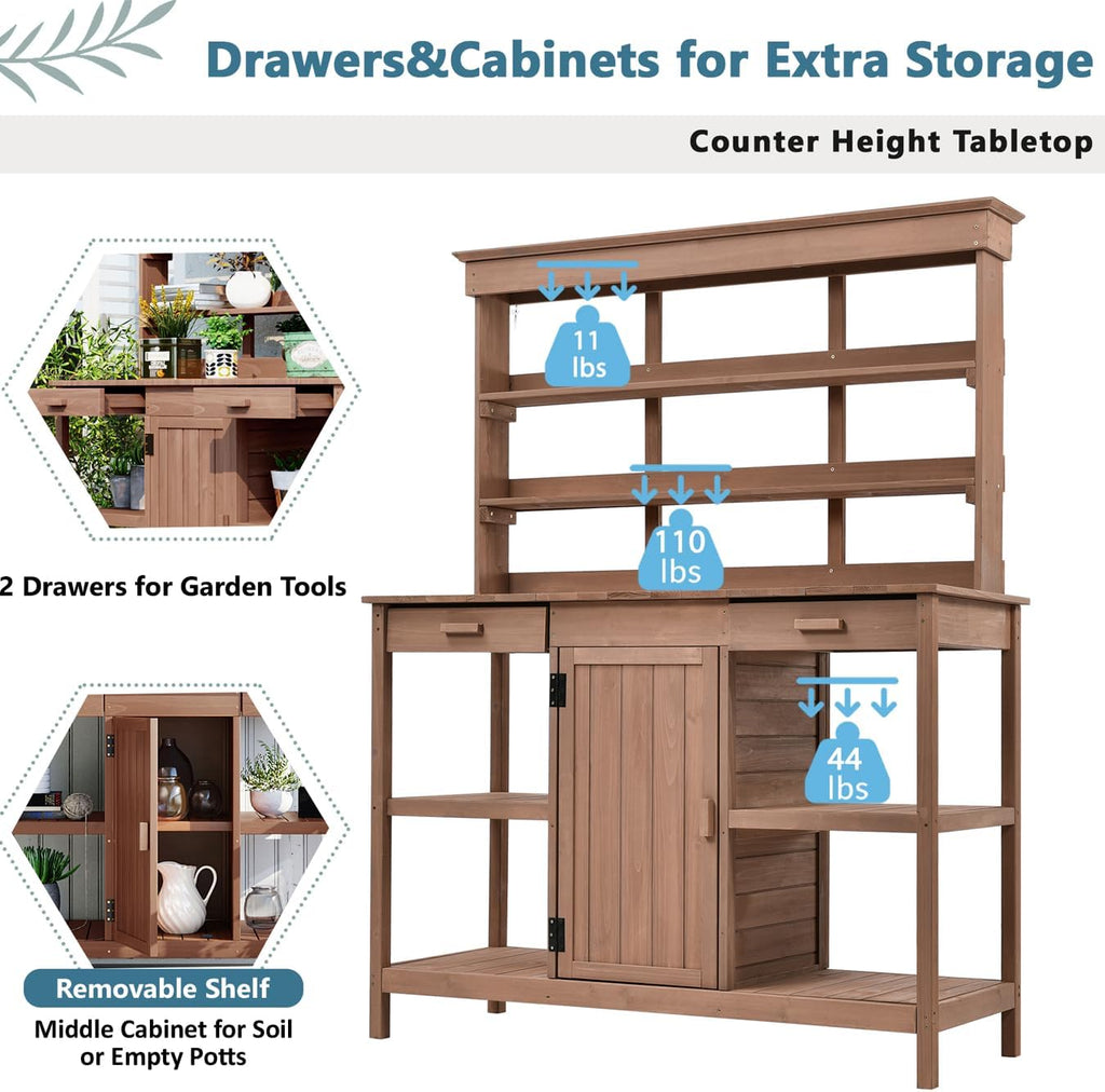 Outdoor Garden Potting Bench Table - 66' Large Wooden Potting Bench Table Garden Workstation with 2 Drawers, Cabinet and Open Shelves for Backyard, Mudroom, Brown