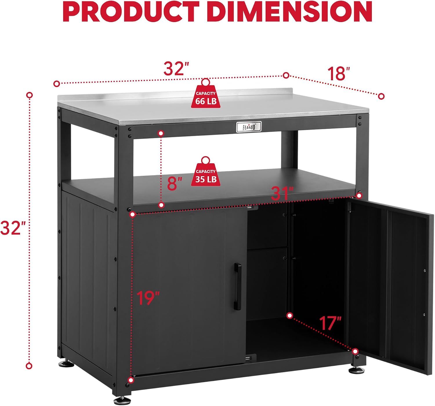 Feasto Heavy-Duty Potting Bench with Storage & Stainless Steel Top | Outdoor Garden Work Table with 200lb Capacity, Adjustable Shelf & Feet, Black