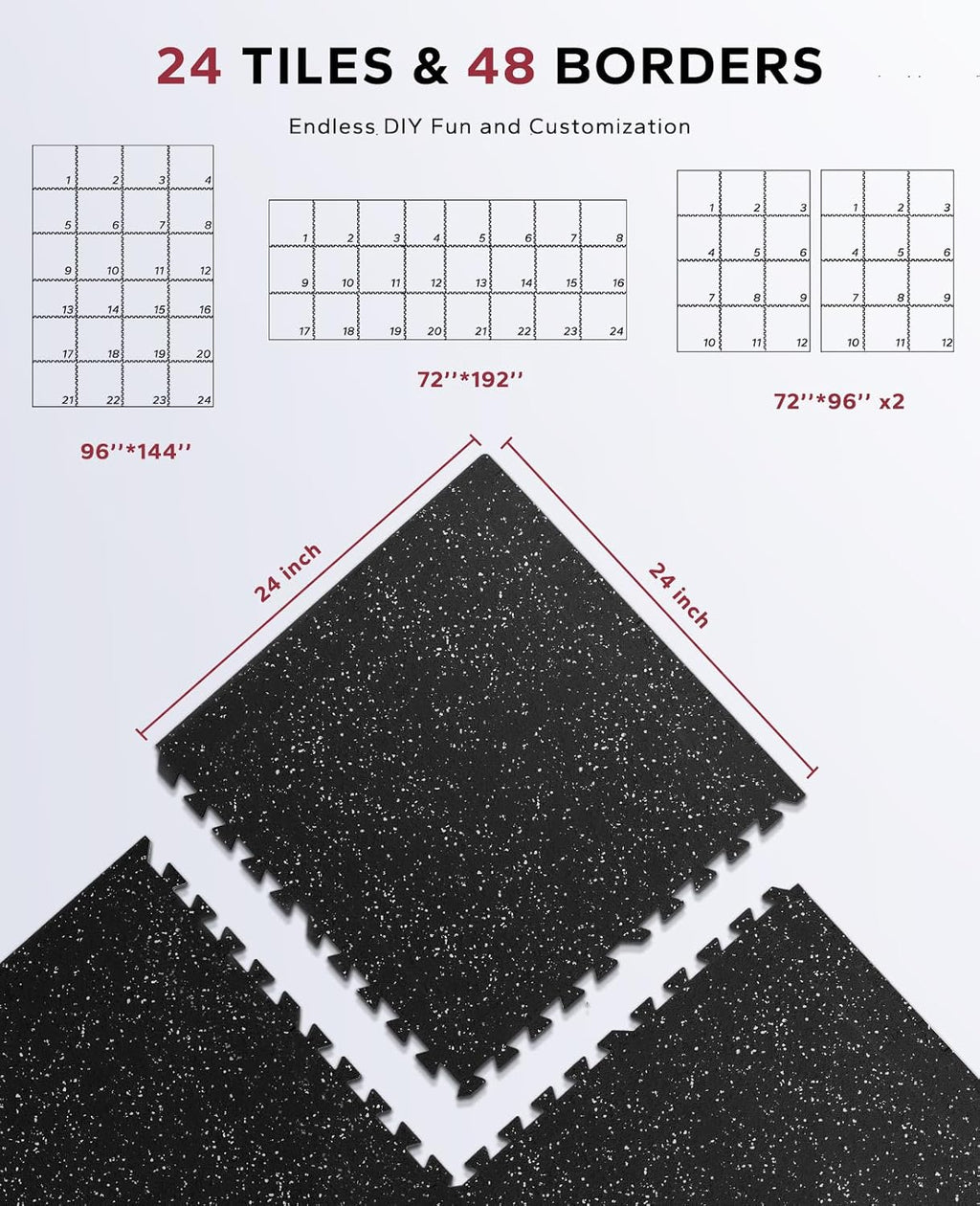 HAPBEAR 0.56'' Thick 12 Pcs 48 Sq Ft Exercise Equipment Mats - High-Density Rubber Top EVA Foam Interlocking Mats, 24x24in Tiles, Heavy-Duty Treadmill Mat for Hardwood Floors, Home Gym Mat