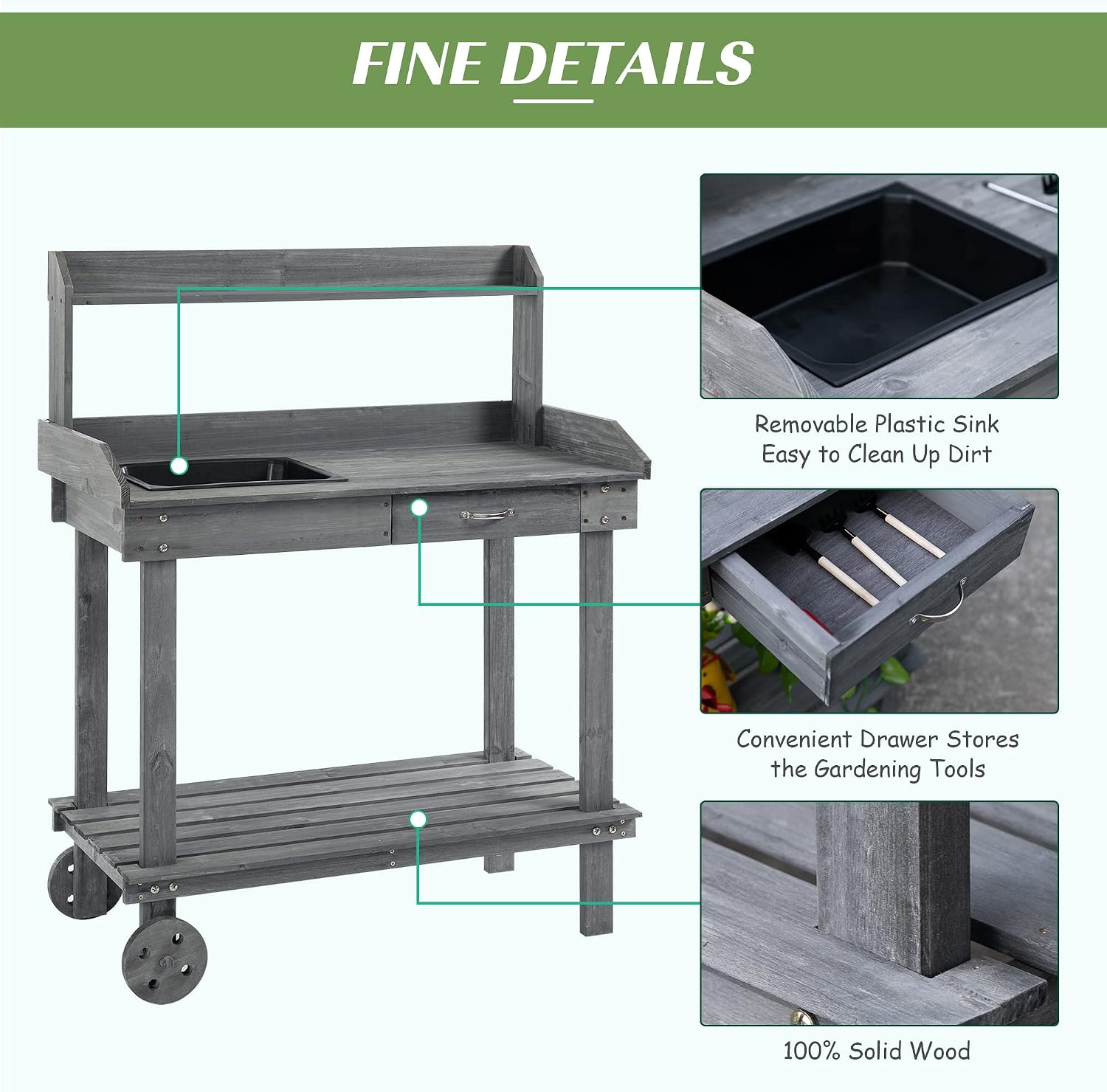 36-Inch Wooden Potting Bench with Removable Wheels, Sink & Drawers - Gray Outdoor Garden Workstation with Ample Storage