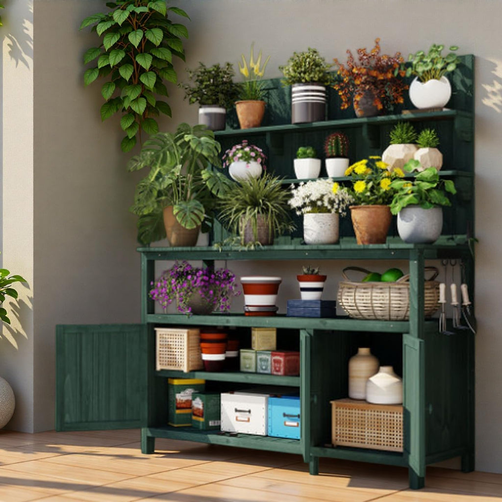 Outdoor Potting Bench Table with Hutch, Solid Wood Garden Workstation with Storage Shelves and Cabinets &Hooks for Lawn Garden, Green