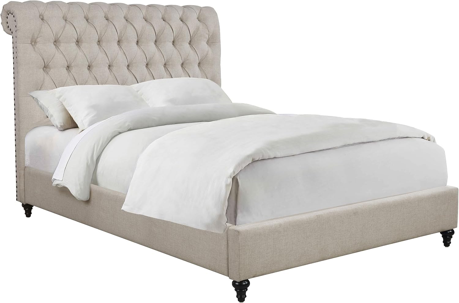 Coaster Home Furnishings - Devon - Wood - Upholstered Panel Bed with Tall Rolled Headboard, Button Tufting, Nail Head Trim and Turned Legs - Bedroom - California King Size - Beige - 300525KW