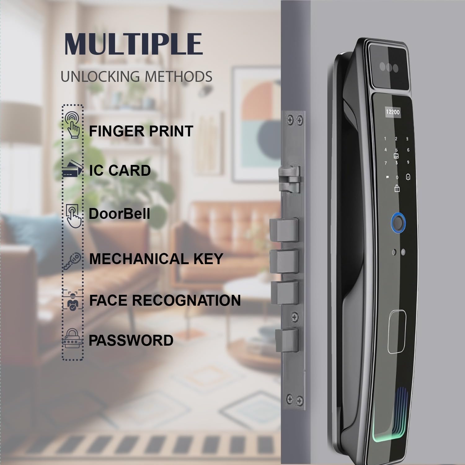 Smart Door Lock with Camera & 3D Face Recognition, Keyless Entry Door Lock with Fingerprint, Password, IC Card, App Control & Doorbell, Secure Mortise Lock for Front Door (Usmart App)