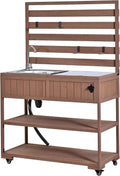 Outdoor Grill Table with Stainless Steel Sink, Outdoor Sink Station, 41.7' Rolling Kitchen Island Cart, Solid Wood Potting Table, 2 Shelves (Brown)