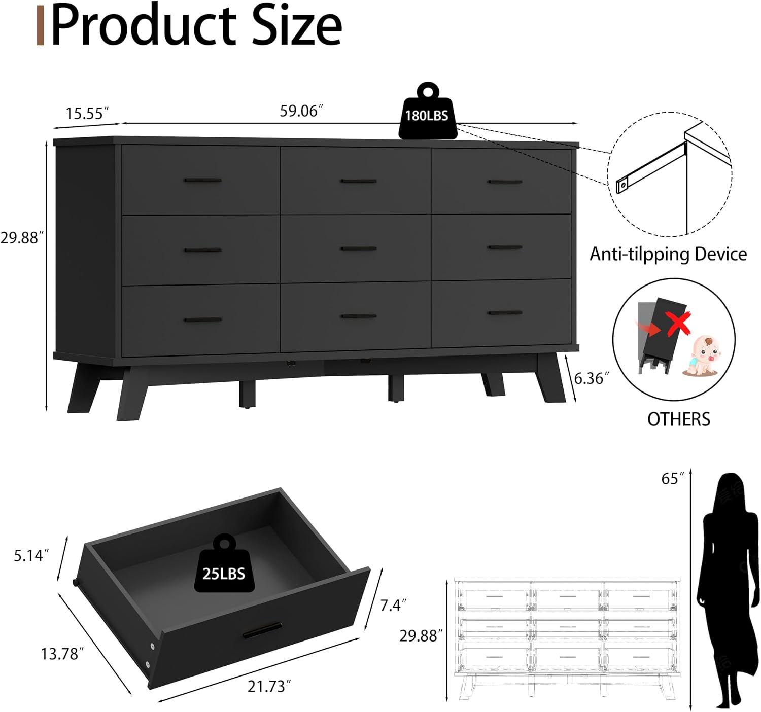 Xixini Dresser for Bedroom, Wide Wood 9 Drawer Modern Chest of Drawers with X-Shaped Sturdy Base, Double Dresser Closet Clothes Storage Organizer, Wooden TV Stand for Living Room, Hallway, Black