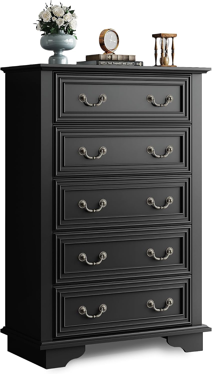 WLIVE Farmhouse Dresser for Bedroom, Tall Wood Dresser with 5 Drawer, Chest of Drawers with Roman Metal Handle for Living Room, Hallway, Closet, Black