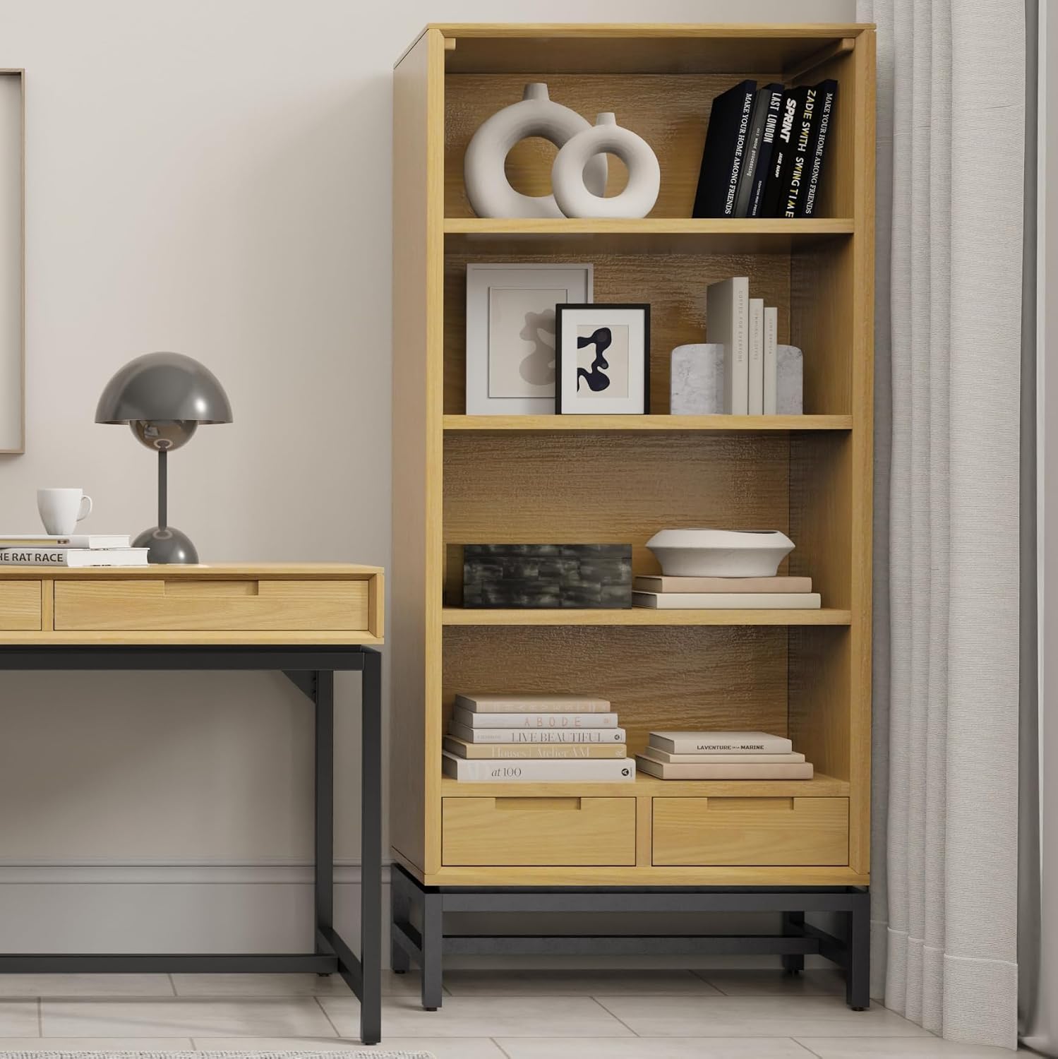 SIMPLIHOME Banting Bookcase - 66 inch Tall Solid Oak Veneer and Metal Bookshelf, Industrial Storage for Living Room, Study Room or Office with Open Shelves and Metal Frame