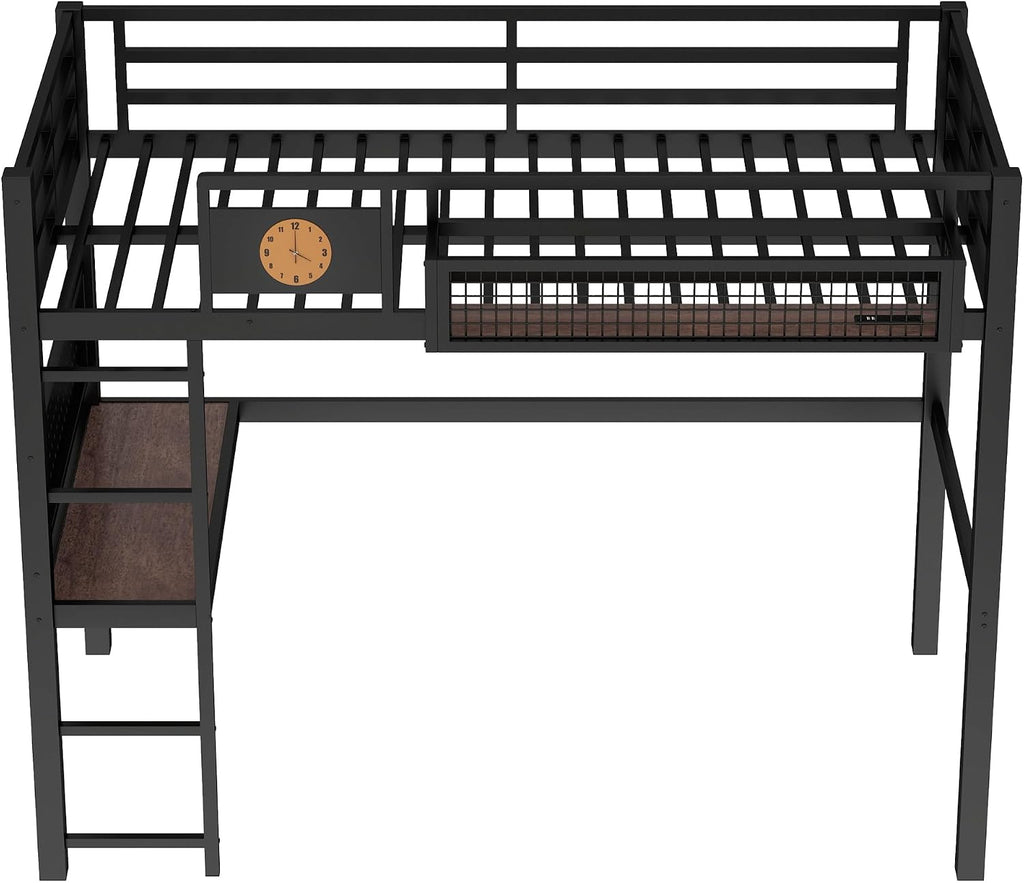 Bellemave Twin XL Size Metal Loft Bed with Desk and Side Clock,Heavy Duty Loft Bed Frame with Charging Station and Pegboard for Kids,Teens,Adults,Twin XL Size,Black