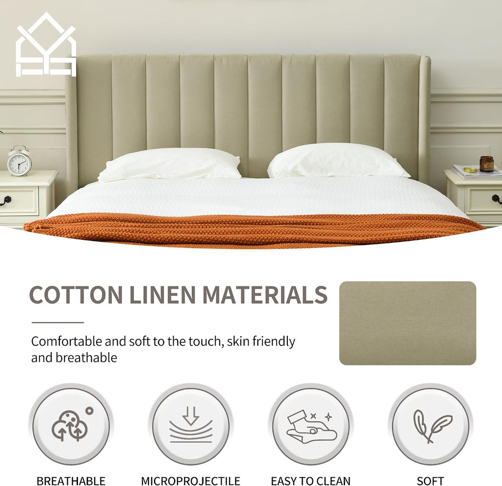 YUHUASHI upholstered Platform Bed Frame/Full Bed Frame/Modern Geometric Double-Wing Design headboard/Linen Fabric/Easy to Assemble no Noise (Beige, Full)