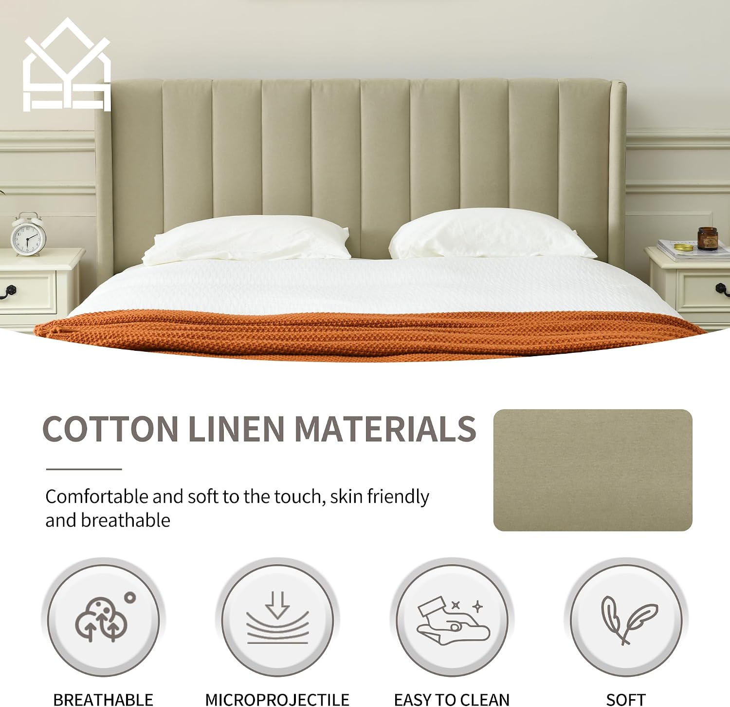 YUHUASHI upholstered Platform Bed Frame/Full Bed Frame/Modern Geometric Double-Wing Design headboard/Linen Fabric/Easy to Assemble no Noise (Beige, Full)