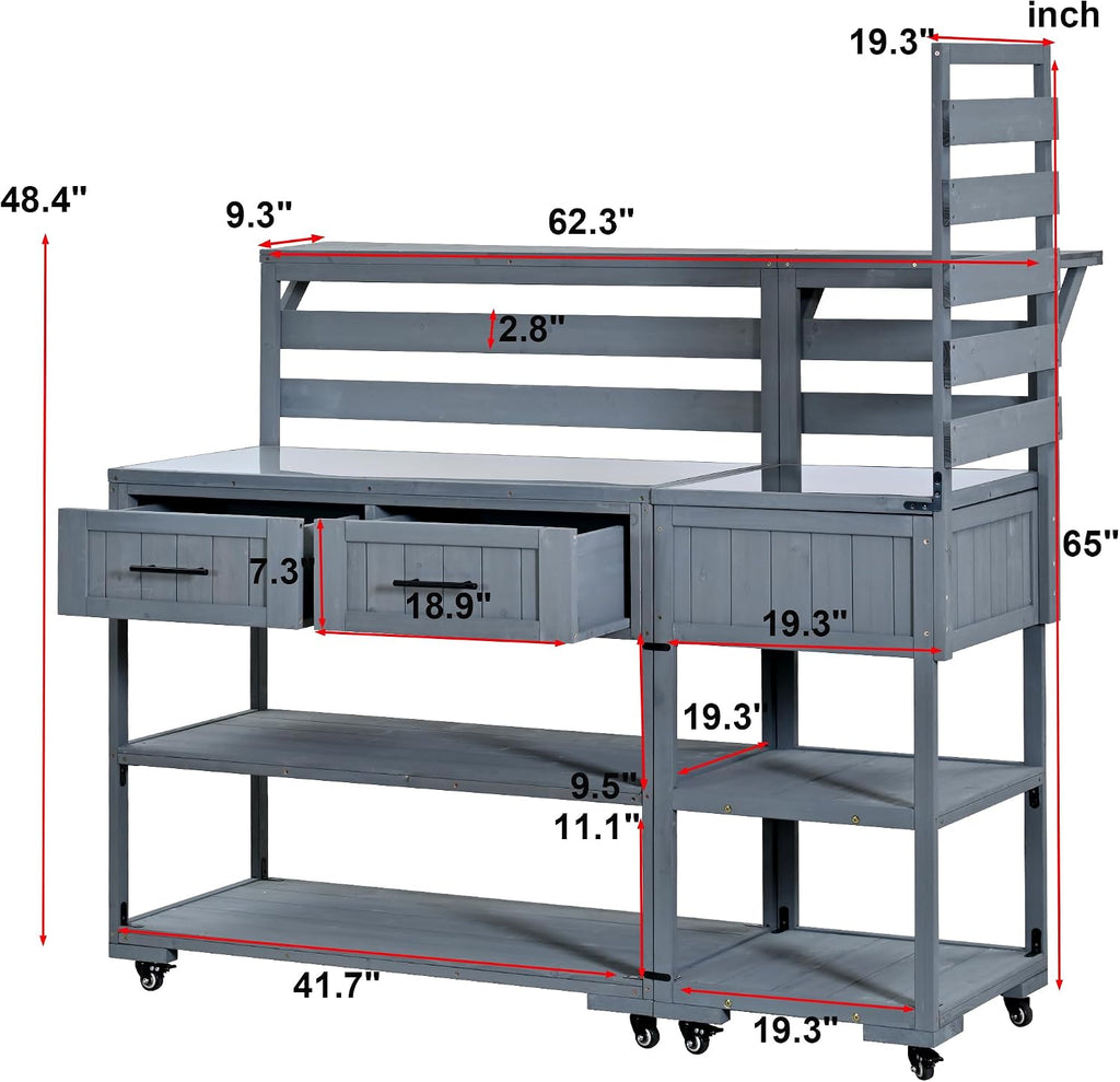 Outdoor Kitchen Island with Stainless Steel Top, 62 in | Fir wood, stainless steel top, raised shelf, modular 2-cart design, lockable wheels, BBQ prep, 62.3 W x 28.6 D x 65 H in