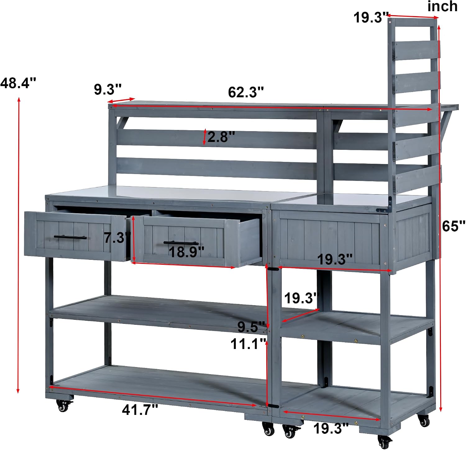 Outdoor Kitchen Island with Stainless Steel Top, 62 in | Fir wood, stainless steel top, raised shelf, modular 2-cart design, lockable wheels, BBQ prep, 62.3 W x 28.6 D x 65 H in