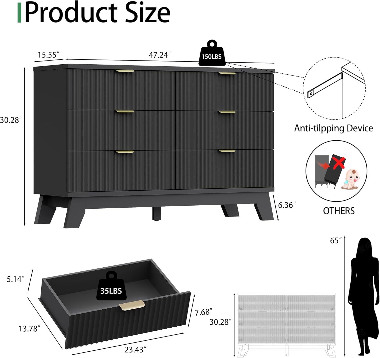 Xixini Fluted Dresser for Bedroom with 6 Drawers, 48' Wide Wooden Chest of Drawers with Metal Handle, Modern Dresser TV Stand, Wood Closet Clothes Storage Organizer for Living Room, Hallway, Black
