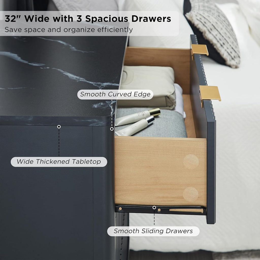 T4TREAM Fluted 3 Drawer Dresser, 32' Tall Modern Chest of Drawers with Faux Marble Top, Curved Profile Design, Wood Drawer Organizer for Bedroom, Living Room, Hallway, Entryway, Dark Grey